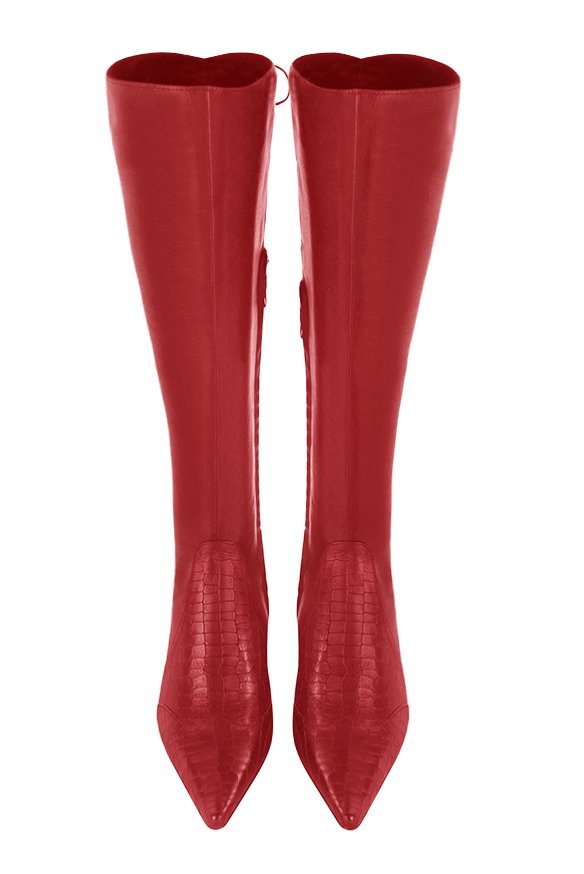 Scarlet red women's knee-high boots, with laces at the back. Pointed toe. Low flare heels. Made to measure. Top view - Florence KOOIJMAN